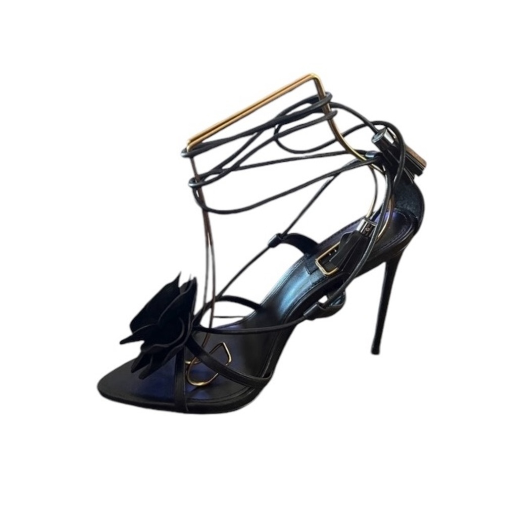 Aqua Flower Black Leather Ankle Tie High Stiletto Heel Sandals Open Toe NEW 7.5 - Picture 2 of 7